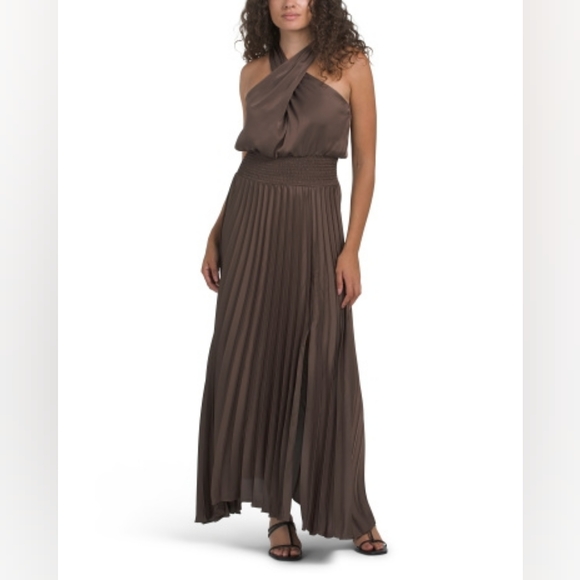 Ramy Brook Arina Pleated Halter Midi Dress Desert Brown Sz 2 New Skirts